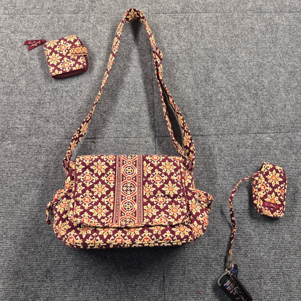 Vera Bradley Crossbody Bag Set Burgundy Floral Medallion Wallet and Pouch 3pc